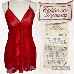 Women’s Sheer Red Lingerie Nightgown W/Rose Design By California Dynasty Sz Med